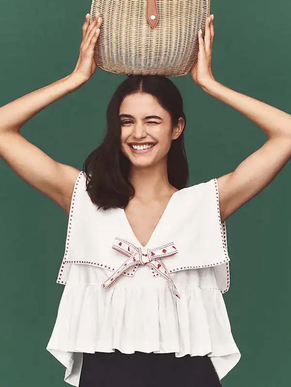 Anthropologie White Eyelet-Trim Peplum Tank with Bow